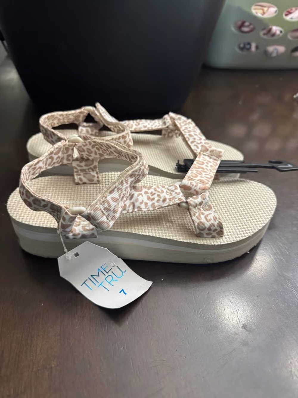 Time and Tru Beige Leopard Strap Wedge Sandals